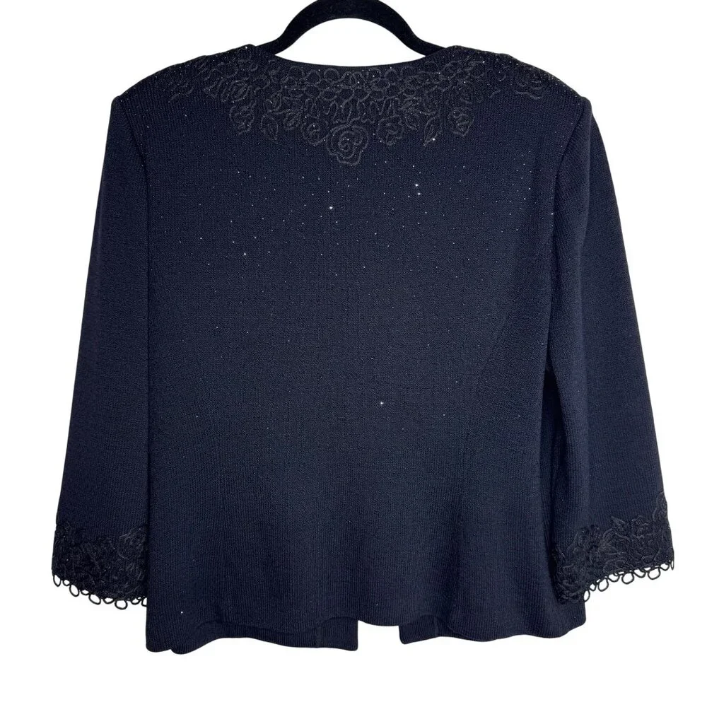 St.‎ John Evening Black Embroidered Rhinestoned Wool Blend Formal Cardigan Sz 14